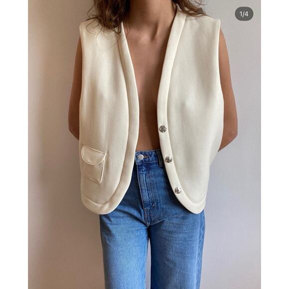Jina Studio Wool Silk Cream V Neck Snap Vest Jacket Handmade In France Small - Picture 1 of 5